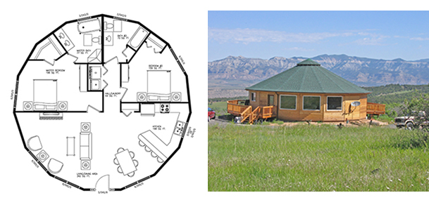 Left, the floorplan of Agar's soon-to-be Deltec model home, an 1,165 sq ft Monterey. Right, an example of a Monterey built in Colorado.